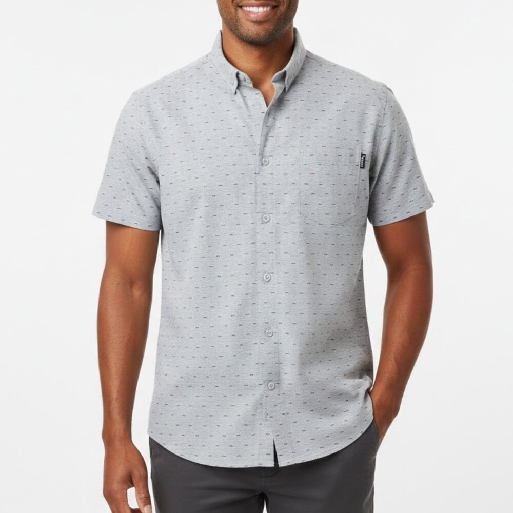 Molokai Surf Co Men’s Medium Shirt Grey Mustache Micro Print Short Sleeve Pocket